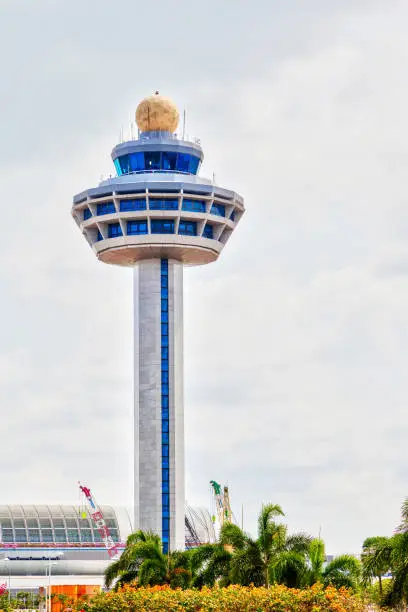 Singapore Changi International Airport traffic controller tower with copy space. The airport tower is one of the most recognizable icons of Singapore.