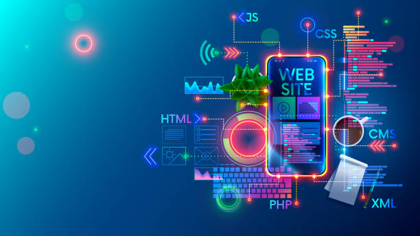 ilustrações, clipart, desenhos animados e ícones de ilustração conceitual da tecnologia de desenvolvimento de sites móveis. design de páginas de internet do site de layout no telefone de tela. software de programação de aplicativos para smartphones e páginas web. conceito de banner de codificação w - html