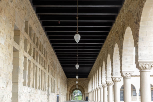 Stanford, California - April 1, 2020: Arches and Columns Walkway in the Main Quad at Stanford University