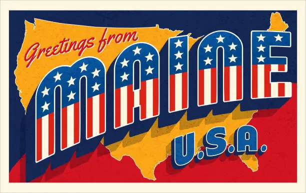 Vector illustration of Greetings from Maine USA. Retro style postcard with patriotic stars and stripes