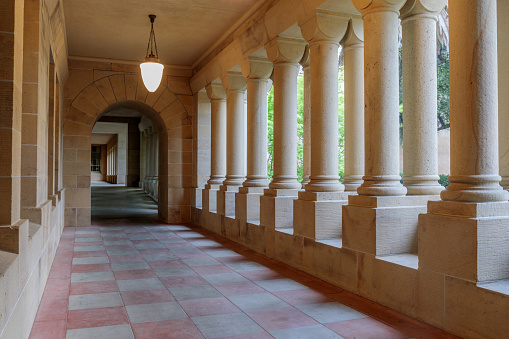 Palo Alto, California - April 8, 2020: Empty Corridor of Cecil H. Green Library in Stanford University