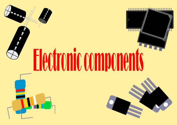 illustrazioni stock, clip art, cartoni animati e icone di tendenza di modello di componenti elettronici per il testo con posizione per il testo. industria elettronica. riparazione elettronica. riparazione di elettrodomestici. transistor e condensatori. resistenze e microcircuiti. poster. - technician isolated on white work tool magnification