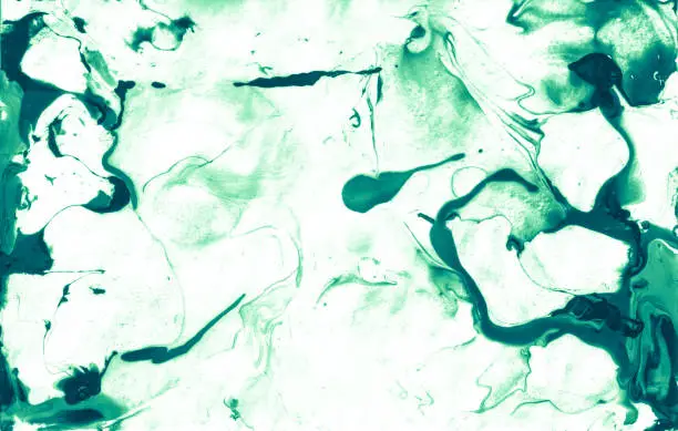 Photo of Green Artistic Ink Spots, Design Fabric . Bright Colored Graphic Picture, Mixed Acrylic Effect, Emerald Green Watercolor . Light Grunge Aquarelle Wash