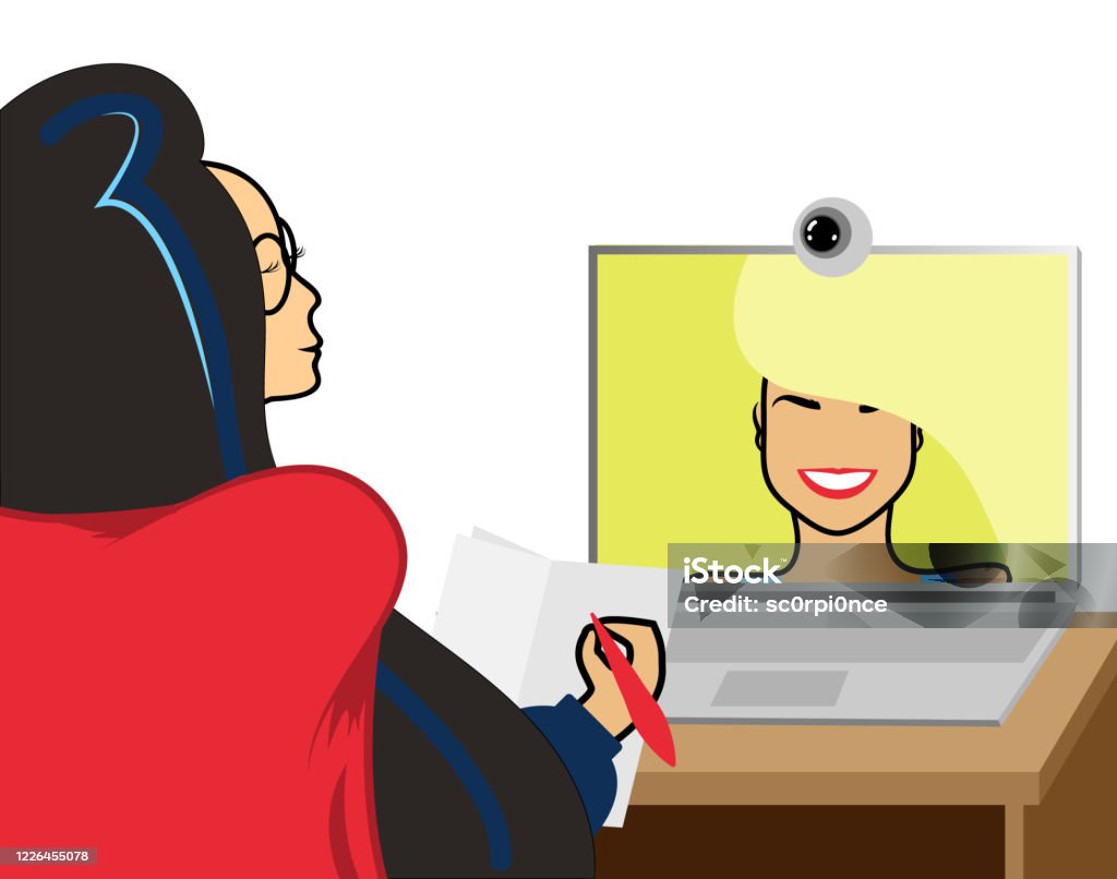 happy psychologist and client in distant video session during self-isolation due to coronavirus. Psychotherapy, speech therapy, mental health concept. Vector happy psychologist and client in distant video session during self-isolation due to coronavirus. Psychotherapy, speech therapy, mental health concept. Vector illustration Adult stock vector