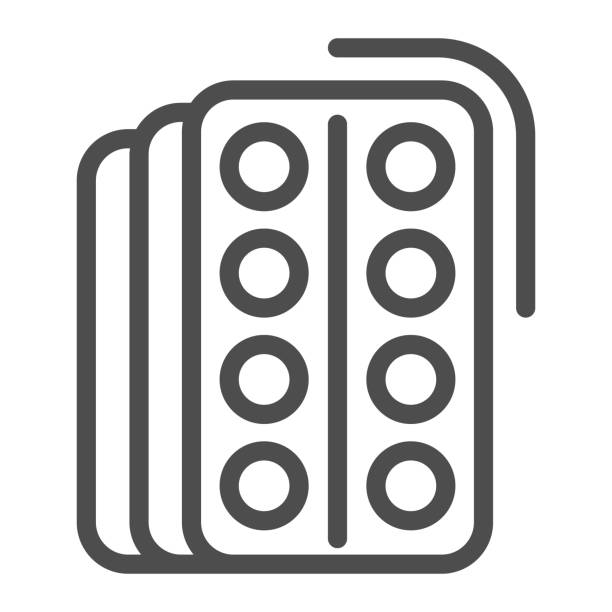 ilustraciones, imágenes clip art, dibujos animados e iconos de stock de blister pack con el icono de línea de píldoras, concepto de pandemia covid-19, enfermedad del coronavirus del tratamiento con tabletas signo en fondo blanco, icono de cuidado de la medicina píldoras en el estilo de esquema. gráficos vectoriales. - empaquetar