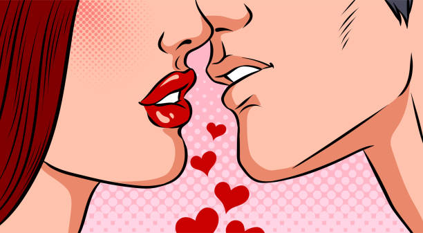 Man and woman kiss Kissing couple on a pink background. Valentine's day concept. Pop art vector comic illustration. kissing illustrations stock illustrations