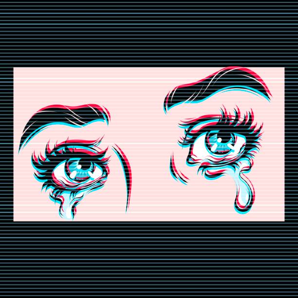 Crying eyes with glitch effect Vector hand drawn illustration of crying eyes. Digital glitch effect. distorted face stock illustrations