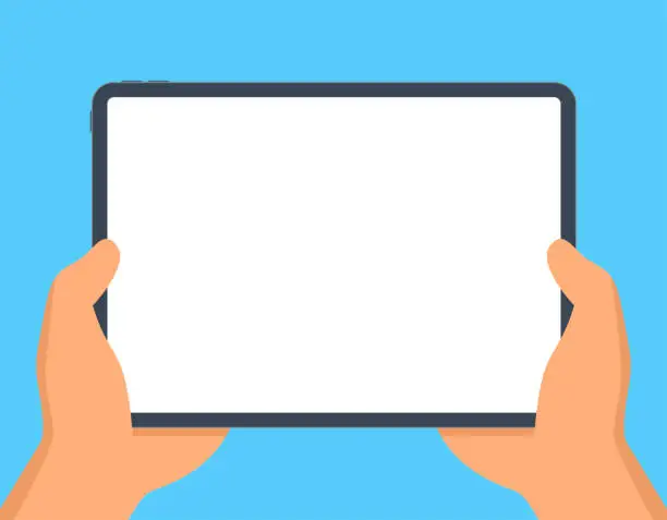 Vector illustration of Hands holding Tablet. White Empty Screen. Vector illustration of tab pad in hand. Template