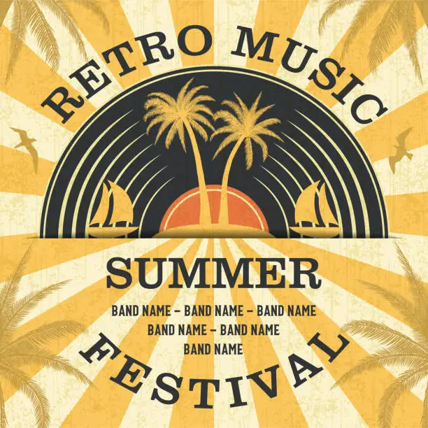 Vector illustration of Retro Music Summer Festival and Vintage Vinyl Record Poster in Retro Desigh Style.