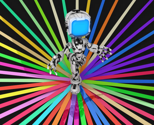 Screen robot figure character pose color tapes focus, 3d illustration, horizontal