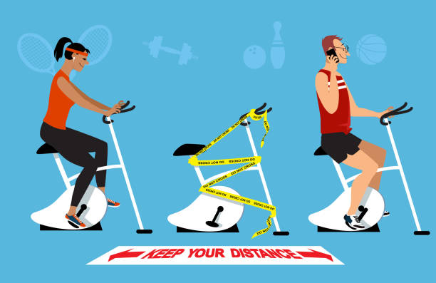 Gym after Covid-19 People working out in a gym following post lockdown safety protocol of physical distancing and hygiene, EPS 8 vector illustration woman on exercise machine stock illustrations