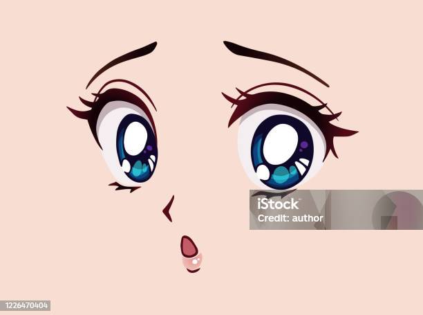 Vetores de Cara De Anime Triste Estilo Mangá Grandes Olhos Azuis Nariz  Pequeno E Boca Kawaii e mais imagens de Adolescente - iStock