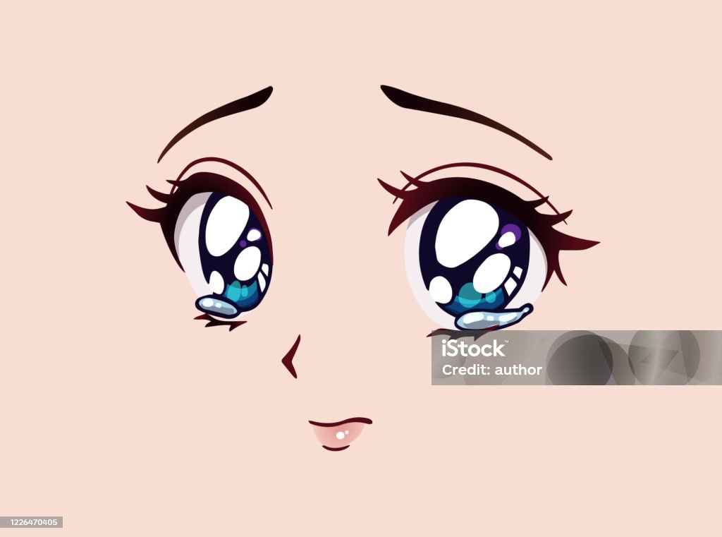 Vetores de Cara De Anime Triste Estilo Mangá Grandes Olhos Azuis Nariz  Pequeno E Boca Kawaii Lágrimas Nos Olhos Dela e mais imagens de Arte -  iStock