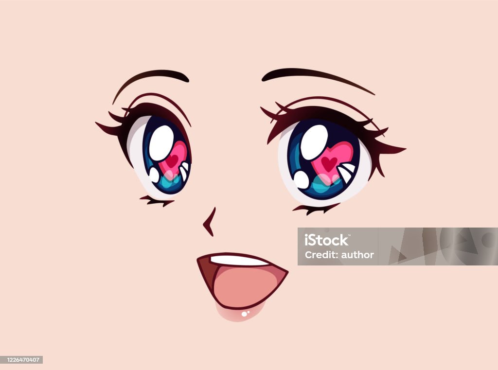 Vetores de Cara De Anime Feliz Estilo Mangá Grandes Olhos Azuis Nariz  Pequeno E Boca Kawaii Grande Corações Nos Olhos Dela e mais imagens de  Adolescentes Meninas - iStock