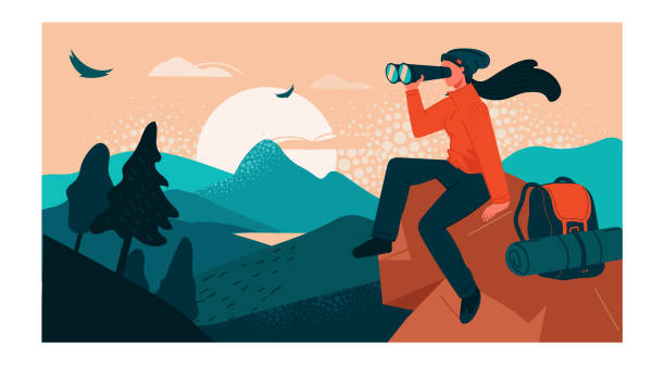The girl is alone with nature sitting on top of a cliff. The girl traveler sitting on top of a cliff, looking at the valley in a binoculars from a height. Nature trips, discovery, hiking, adventure tourism and travel. Creative flat vector illustration. exploration illustrations stock illustrations