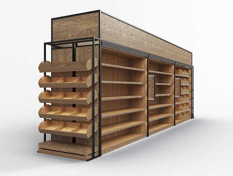 Bakery and Bread Display, Wood Slat Gondola Shelving Kit. 3D render illustration.