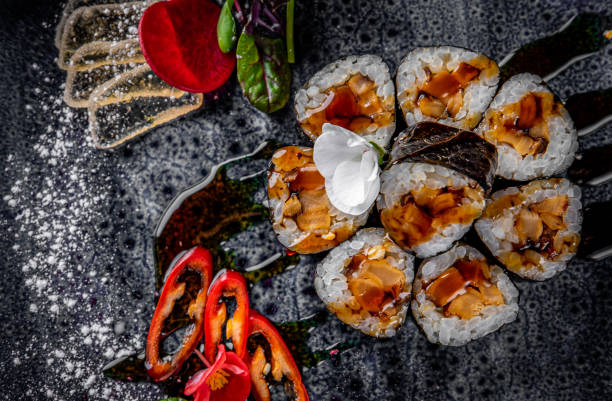 istock sushi roll with eel and rice in plate 1226471431