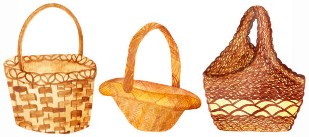 istock Watercolor hand painted nature tree branches handmade set with three brown and yellow wooden, paper and straw wicker basket collection isolated on the white background for design elements 1226473829