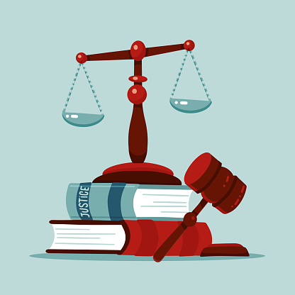 Justice scales and wooden judge gavel concept. Law hammer sign with books of laws. Legal law and auction symbol. Classic court Libra. Flat Vector illustration