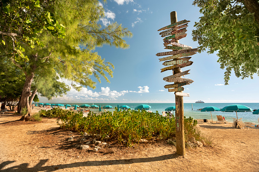 People tan and rest by a wooden signpost on the sunny beach of Fort Zachary Taylor State Park in tropical Key West Florida USA