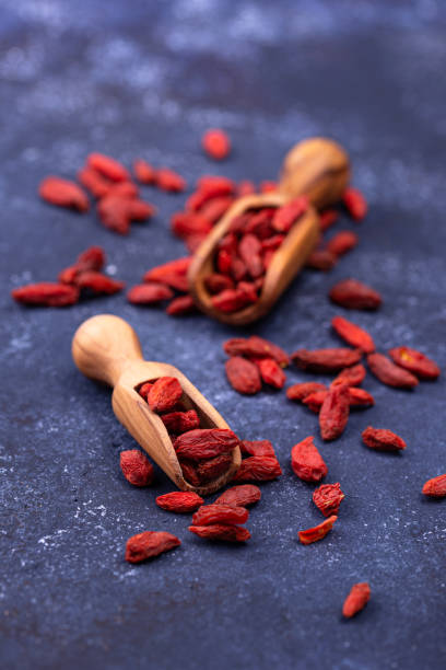 goji berries on blue background - lycium chinese imagens e fotografias de stock