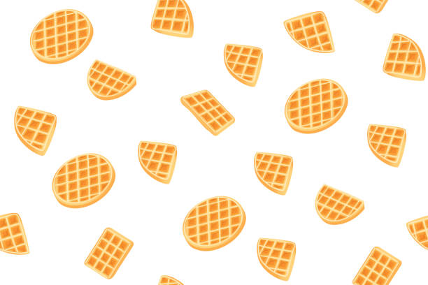 ilustrações, clipart, desenhos animados e ícones de waffles belgas amarelos padrão perfeito para design de impressão. ilustração de vetor doce de desenho animado. fatias de waffle douradas em fundo branco. capa de biscoito moderna decorativa. formas geométricas de lanche - waffle