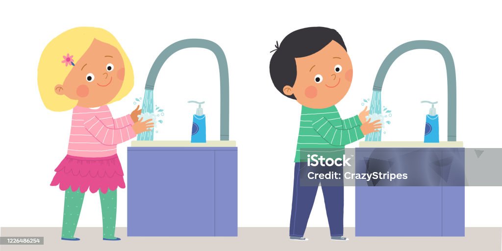 Cute Children To Hand Wash With Soap Smiling Girl And Boy Washing Hands  Prevention Against Virus And Infection Hygiene Concept Cartoon Vector Eps  10 Illustration Isolated On White In A Flat Style