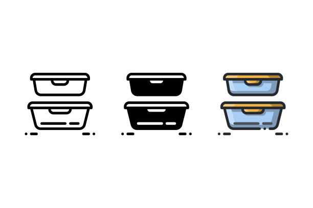 Plastic containers is great for keeping food and leftovers fresh Plastic containers icon. With outline, glyph, and filled outline style. Best usage as user interface, infographic element, app icon, web icon, etc. box container stock illustrations