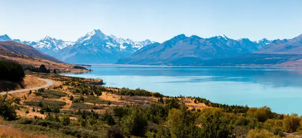 Lake Pukaki and view to mt.Cook. Panorama