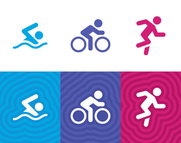Swimming Cycling and Running People Symbols and Icons Swimming bicycling cycling and running people symbols and icons. Could be used to represent a triathlon or other physical fitness exercise event. exercise class icon stock illustrations