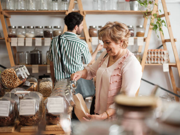 Everyday hispanic people shopping in zero waste store