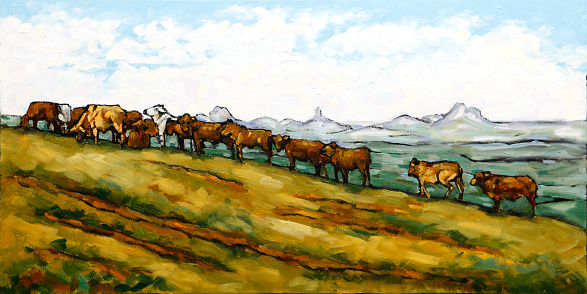 A herd of bulls on a hillside at Maleny Australia with The Glass House Mountains in Distance. An original oil painting by Judi Parkinson.