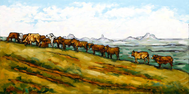 Herd of Bulls on a Hillside with Glass House Mountains in Distance Oil Painting vector art illustration