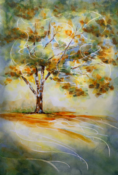 istock Liquid Amber Tree in Autumn Backlit by Morning Sunshine Watercolor Painting 1226501356