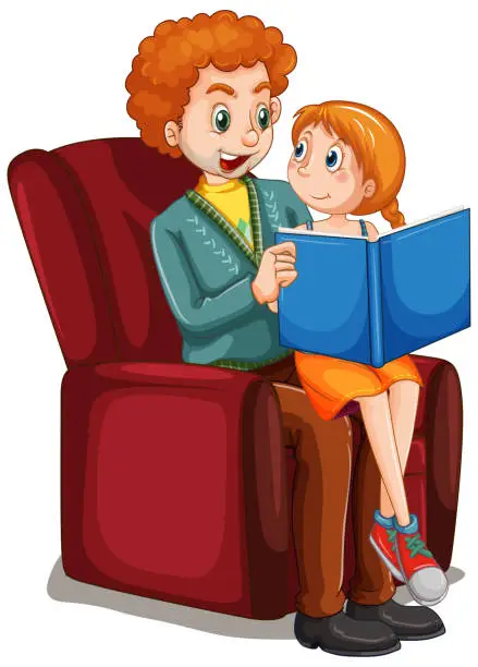 Vector illustration of Father reding story to daughter on the sofa