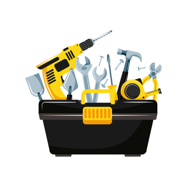 ilustrações, clipart, desenhos animados e ícones de ferramentas e caixa de ferramentas. vetor - hand drill work tool white white background