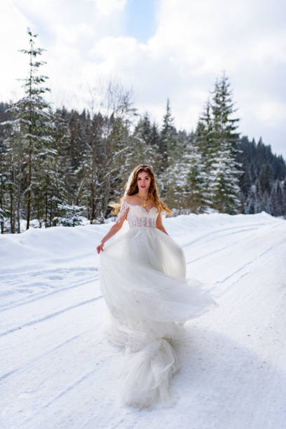 schöne braut posiert auf einem hintergrund von fichtenwald. - christmas wedding bride winter stock-fotos und bilder