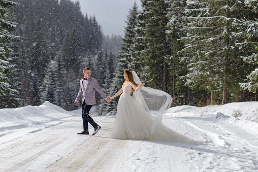 The bride and groom are walking by the hand against the backdrop of a winter forest. Snowing.