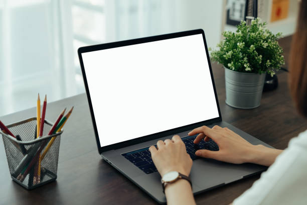 istock Hand using laptop with blank copy space screen for your advertisement. on the table in office.