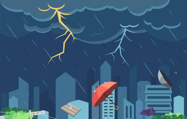 storm Background city in a rainy day and storm. cyclone rain stock illustrations