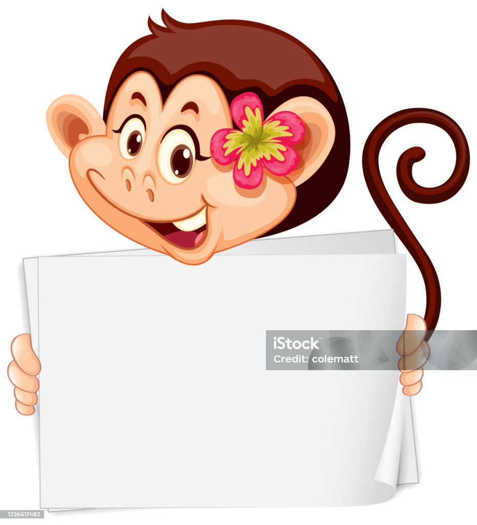 Simple Monkey Sign Blank Sign Template With Cute Monkey On White Background Stock ...