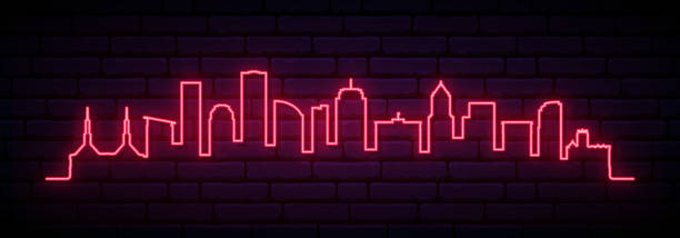 illustrazioni stock, clip art, cartoni animati e icone di tendenza di skyline al neon rosso della città di portland. luminoso striscione lungo portland. illustrazione vettoriale. - portland oregon skyline cityscape silhouette