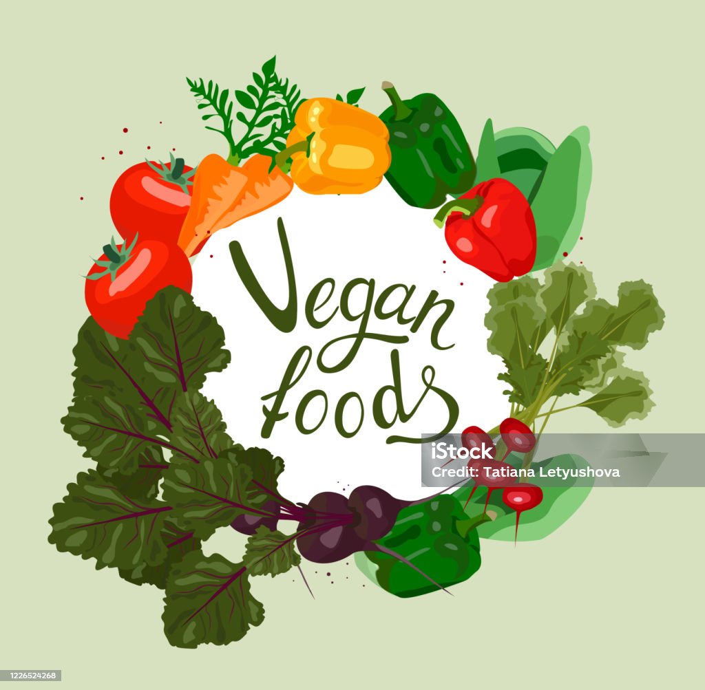 Vector vegan Logo with Lettering Vegan Foods. Design Menu Card for Vegetarians, Logo Vegan Shop, Round Vegetable Frame on green background. Vector vegan Logo with Lettering Vegan Foods. Design Menu Card for Vegetarians, Logo Vegan Shop, poster, Round Vegetable Frame on green background. Agriculture stock vector