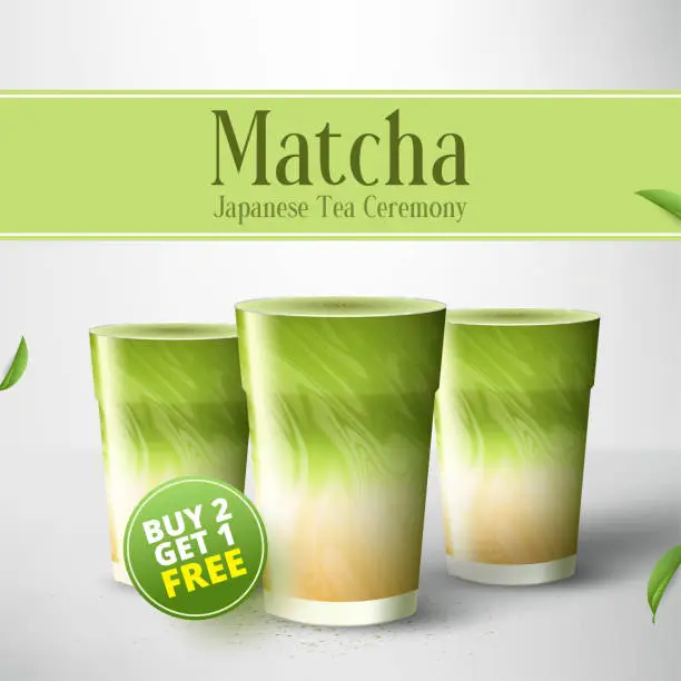 Vector illustration of Green tea matcha latte cup with copyspace. with Japanese kanji words matcha. Vector illustration