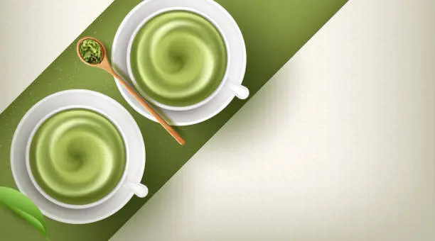 Vector illustration of Green tea matcha latte cup with copyspace. with Japanese kanji words matcha. Vector illustration