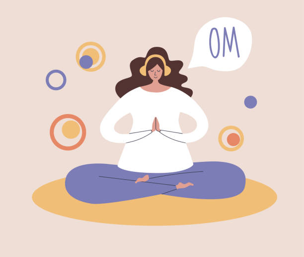ロータスの位置で瞑想し、オムと言う女性。 - lotus position audio点のイラスト素材／クリップアート素材／マンガ素材／アイコン素材