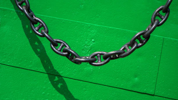 Black chain for anchors on the ship, close-up