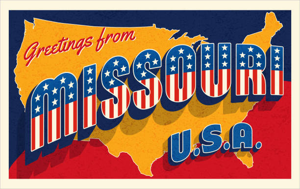 Greetings from Missouri  USA. Retro style postcard with patriotic stars and stripes lettering and United States map in the background. For 4th of July or Memorial Day travel. Vector illustration.