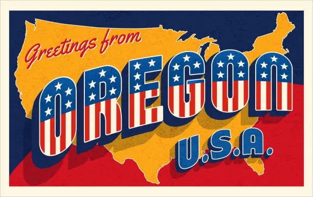 Vector illustration of Oregon USA retro style postcard with patriotic stars and stripes