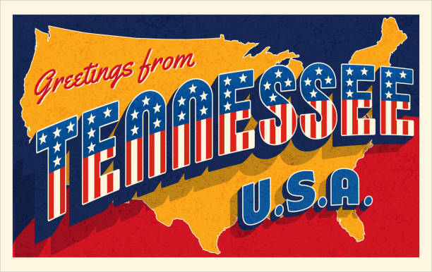 Tennessee USA retro style postcard with patriotic stars and stripes Greetings from Tennessee USA. Retro style postcard with patriotic stars and stripes lettering and United States map in the background. For 4th of July or Memorial Day travel. Vector illustration. tennessee map stock illustrations